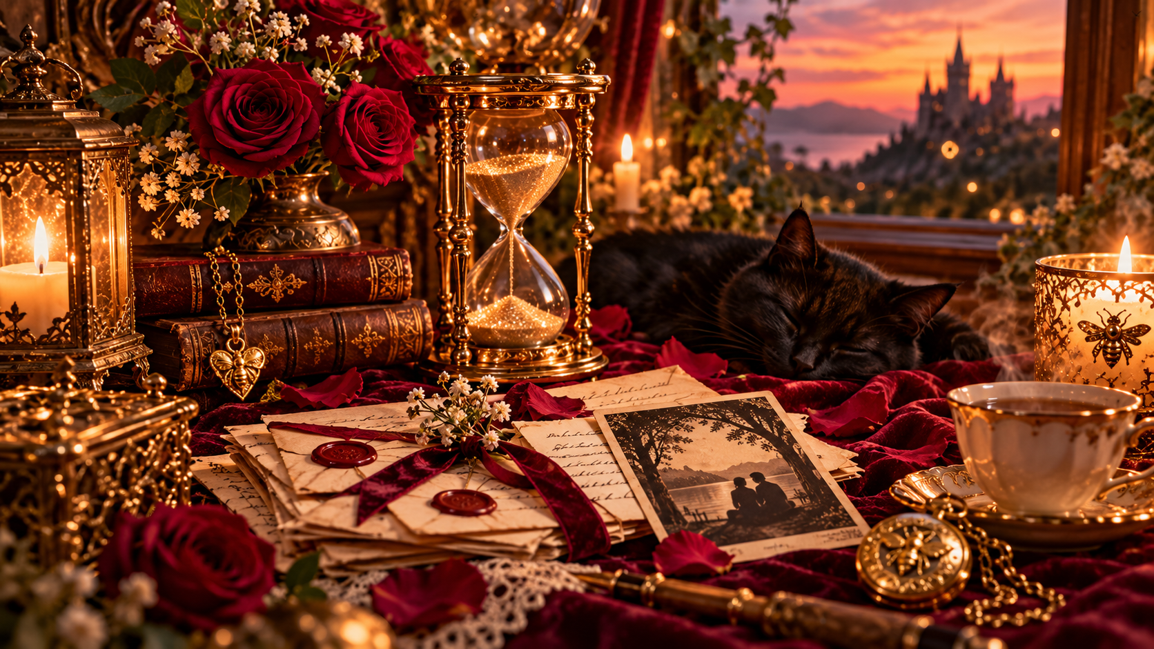 Antique hourglass, love letters, vintage couple's photograph, and sleeping black cat surrounded by burgundy roses and golden candlelight.